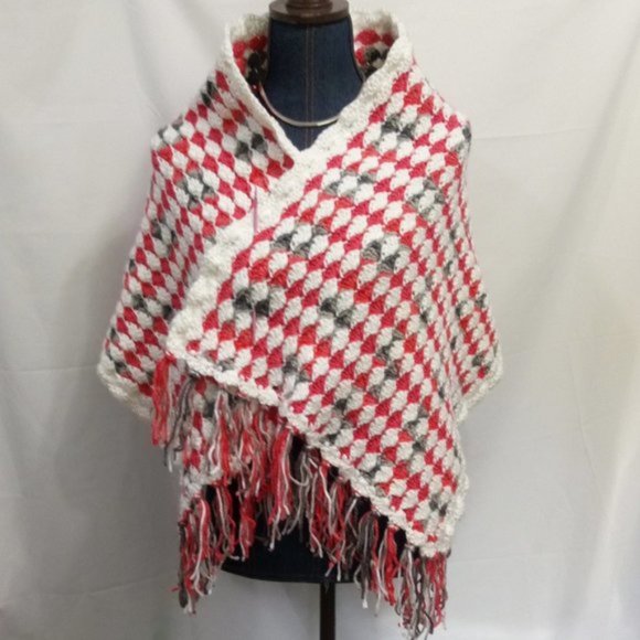 Hand Crafted Crochet Papaya Gray & White Fringed Shawl Essential Shoulder cape